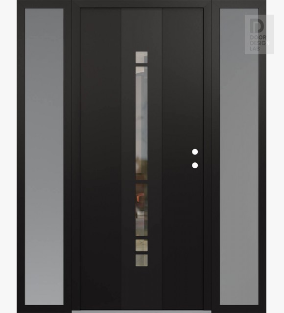 Modern Steel Front Door DIAMOND A3 68" X 80" BLACK/BLACK CLEAR GLASS PANEL BLACK LHI WITH 2 SIDELITES FROSTED GLASS