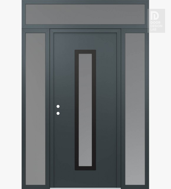 Modern Steel Front Door DIAMOND A11 60" X 96" ANTHRACITE/ANTHRACITE FROSTED GLASS PANEL BLACK RHI WITH 2 SIDELITES AND TRANSOM FROSTED GLASS