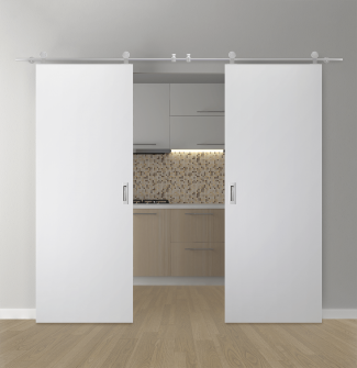 DOUBLE BARN DOOR PALLADIO BIANCO NOBLE 48" X 80" X 1 9/16" SOLID CORE STAINLESS STEEL HARDWARE
