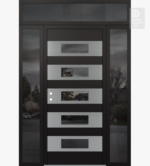 Modern Steel Front Door Diamond D5 60" x 96" black/black mirrored Glass Panel stainless steel RHI with 2 Sidelites and Transom mirrored Glass