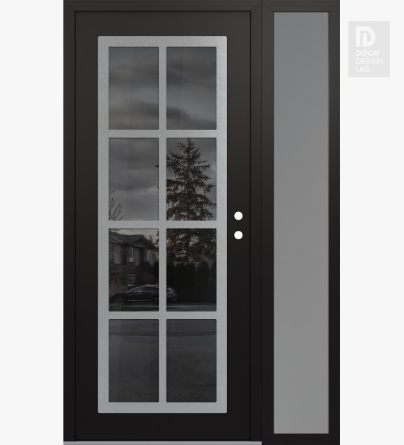 Modern Steel Front Door Diamond C16 52" x 80" black/black mirrored Glass Panel stainless steel LHI with Sidelite frosted Glass