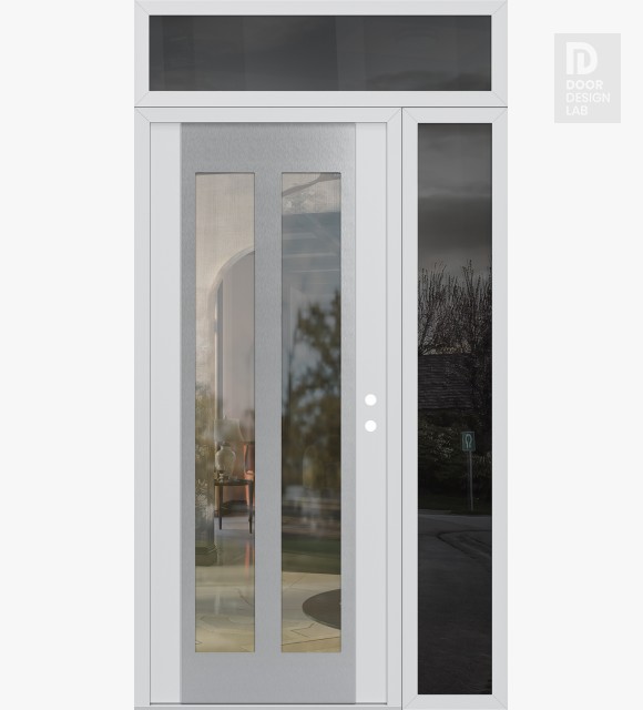 Modern Steel Front Door Diamond C14 48" x 96" white/white clear Glass Panel stainless steel LHI with Sidelite and Transom mirrored Glass