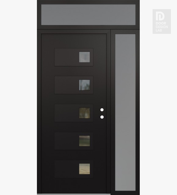 Modern Steel Front Door Diamond D2 52" x 96" black/black clear Glass Panel black LHI with Sidelite and Transom frosted Glass