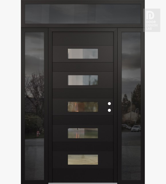 Modern Steel Front Door Diamond D5 60" x 96" black/black clear Glass Panel black LHI with 2 Sidelites and Transom mirrored Glass
