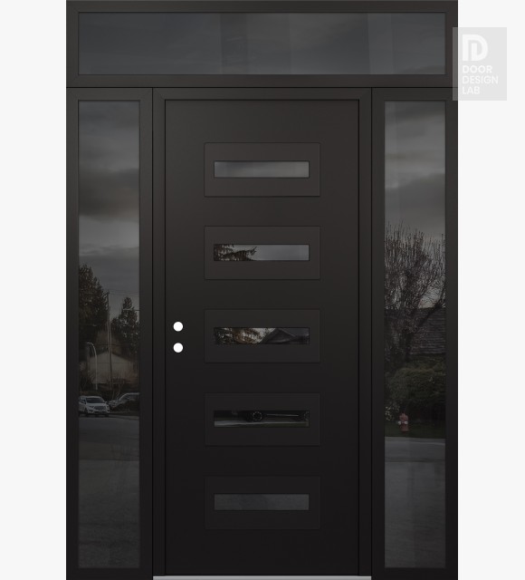 Modern Steel Front Door Diamond D4 68" x 96" black/black mirrored Glass Panel black RHI with 2 Sidelites and Transom mirrored Glass
