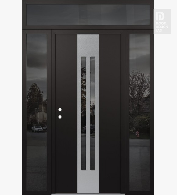 Modern Steel Front Door DIAMOND A8 64" X 96" BLACK/BLACK MIRRORED GLASS PANEL STAINLESS STEEL RHI WITH 2 SIDELITES AND TRANSOM MIRRORED GLASS