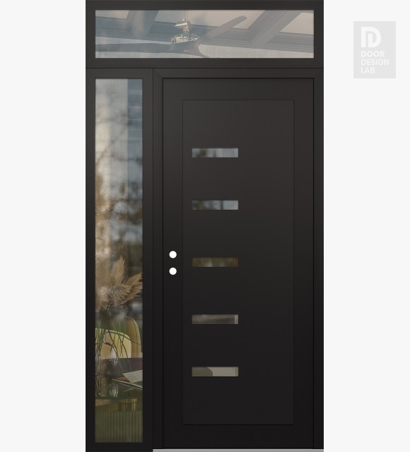 Modern Steel Front Door Diamond C8 52" x 96" black/black clear Glass Panel black RHI with Sidelite and Transom clear Glass
