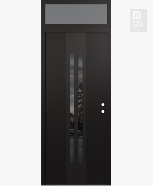 Modern Steel Front Door DIAMOND A8 36" X 96" BLACK/BLACK MIRRORED GLASS PANEL BLACK LHI WITH TRANSOM FROSTED GLASS