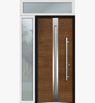 Front Exterior Prehung Steel Door / Deux 1744 Natural Oak / Side and Top Exterior White Window / Stainless Inserts Single Modern Painted-W36+12" x H80+16"-Left-hand Inswing