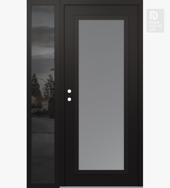 Modern Steel Front Door Diamond C1 52" x 80" black/white frosted Glass Panel black RHI with Sidelite mirrored Glass