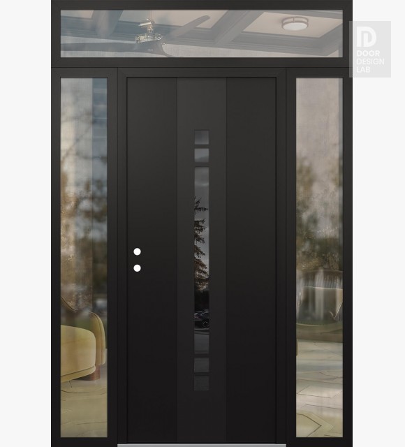 Modern Steel Front Door DIAMOND A4 60" X 96" BLACK/BLACK MIRRORED GLASS PANEL BLACK RHI WITH 2 SIDELITES AND TRANSOM CLEAR GLASS