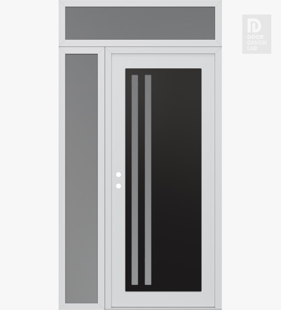Modern Steel Front Door Diamond C6 52" x 96" white/white frosted Glass Panel black RHI with Sidelite and Transom frosted Glass