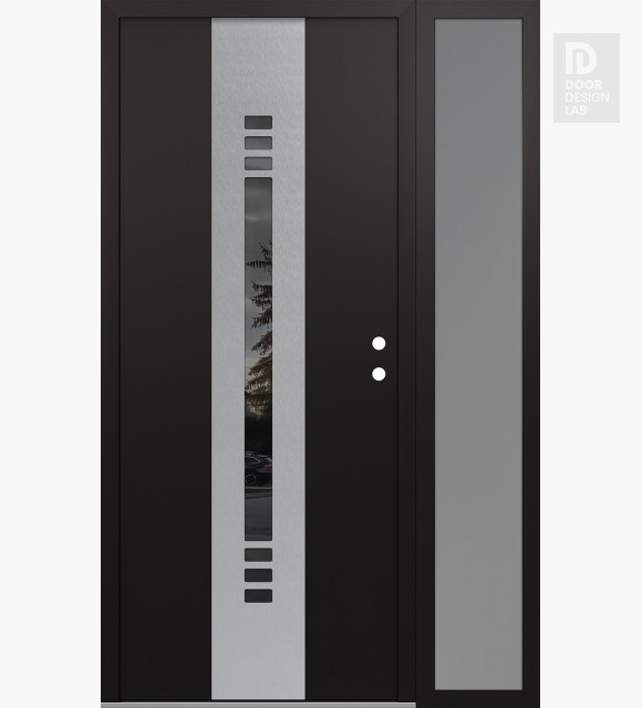 Modern Steel Front Door DIAMOND A5 48" X 80" BLACK/BLACK MIRRORED GLASS PANEL STAINLESS STEEL LHI WITH SIDELITE FROSTED GLASS