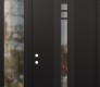 Modern Steel Front Door DIAMOND A4 52" X 96" BLACK/BLACK CLEAR GLASS PANEL BLACK RHI WITH SIDELITE AND TRANSOM CLEAR GLASS