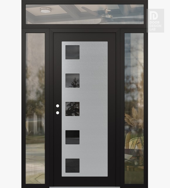 Modern Steel Front Door Diamond C5 60" x 96" black/black mirrored Glass Panel stainless steel RHI with 2 Sidelites and Transom clear Glass