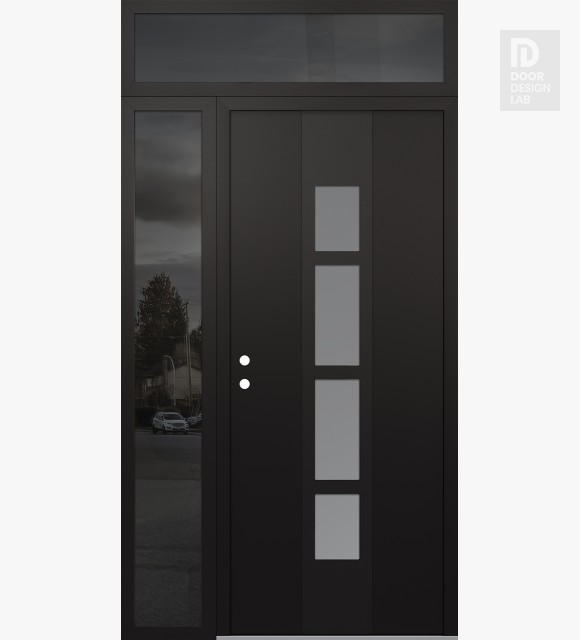 Modern Steel Front Door DIAMOND A10 52" X 96" BLACK/WHITE FROSTED GLASS PANEL BLACK RHI WITH SIDELITE AND TRANSOM MIRRORED GLASS