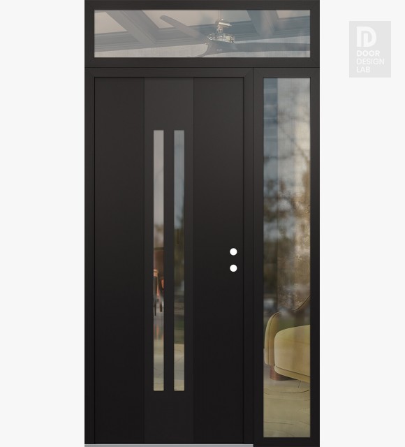 Modern Steel Front Door DIAMOND A8 48" X 96" BLACK/BLACK CLEAR GLASS PANEL BLACK LHI WITH SIDELITE AND TRANSOM CLEAR GLASS