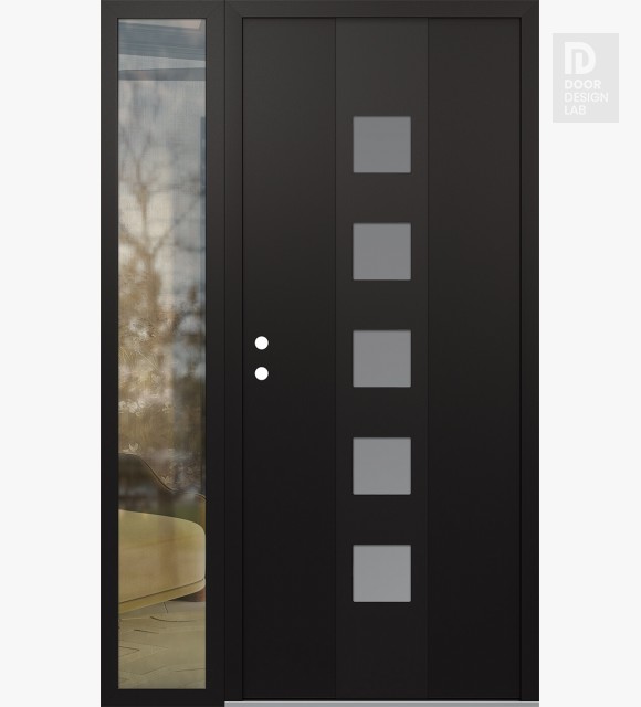 Modern Steel Front Door DIAMOND A13 52" X 80" BLACK/WHITE FROSTED GLASS PANEL BLACK RHI WITH SIDELITE CLEAR GLASS