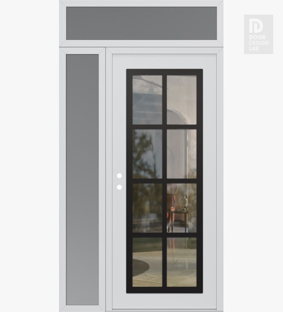 Modern Steel Front Door Diamond C16 48" x 96" white/white clear Glass Panel black RHI with Sidelite and Transom frosted Glass