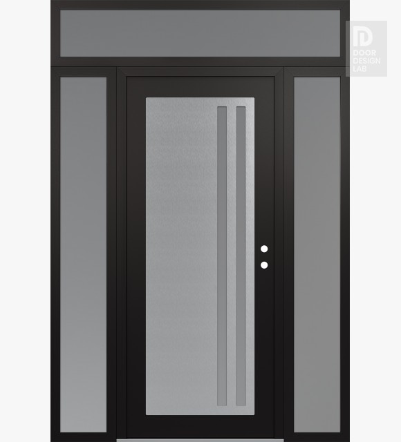 Modern Steel Front Door Diamond C6 64" x 96" black/white frosted Glass Panel stainless steel LHI with 2 Sidelites and Transom frosted Glass