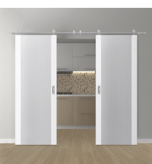 DOUBLE BARN DOOR PALLADIO 202 VETRO BIANCO NOBLE 36" X 80" X 1 9/16" TEMPERED FROSTED GLASS STAINLESS STEEL HARDWARE