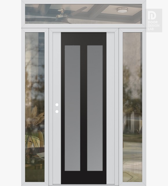 Modern Steel Front Door Diamond C14 64" x 96" white/white frosted Glass Panel black RHI with 2 Sidelites and Transom clear Glass