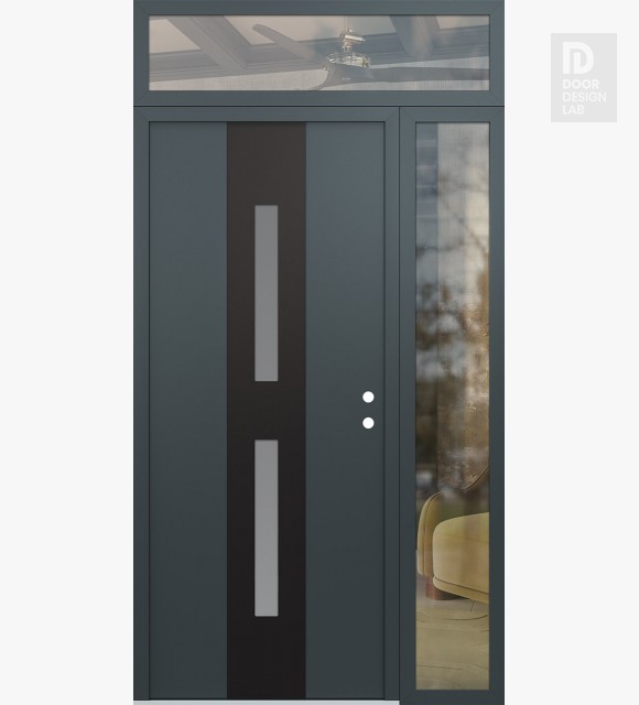 Modern Steel Front Door DIAMOND A6 50" X 96" ANTHRACITE/ANTHRACITE FROSTED GLASS PANEL BLACK LHI WITH SIDELITE AND TRANSOM CLEAR GLASS