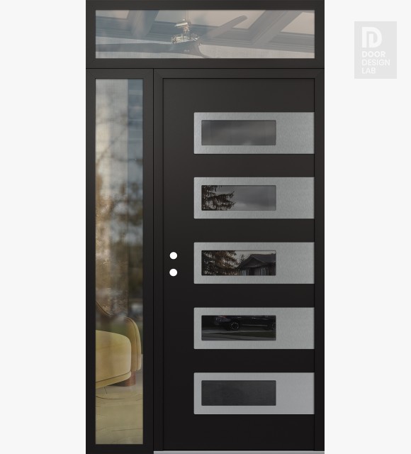 Modern Steel Front Door Diamond D3 52" x 96" black/black mirrored Glass Panel stainless steel RHI with Sidelite and Transom clear Glass