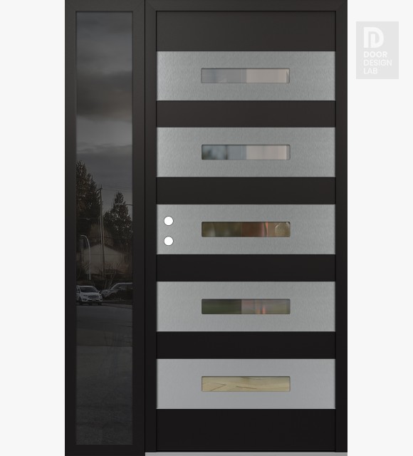 Modern Steel Front Door Diamond D9 52" x 80" black/black clear Glass Panel stainless steel RHI with Sidelite mirrored Glass