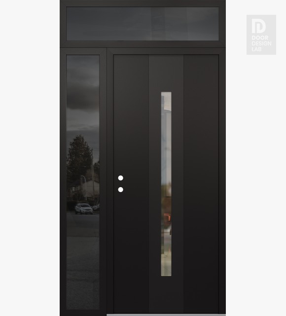 Modern Steel Front Door DIAMOND A2 50" X 96" BLACK/BLACK CLEAR GLASS PANEL BLACK RHI WITH SIDELITE AND TRANSOM MIRRORED GLASS