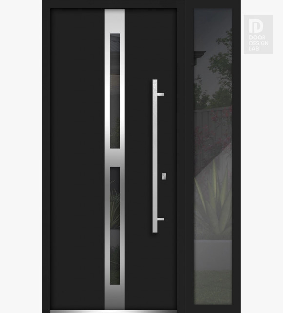 Front Exterior Prehung Steel Door / Deux 1755 Black Enamel / Side Exterior Window / Stainless Inserts Single Modern Painted-W36+12" x H80"-Left-hand Inswing