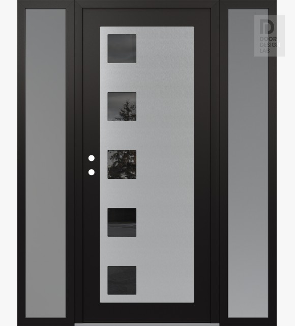 Modern Steel Front Door Diamond C5 68" x 80" black/black mirrored Glass Panel stainless steel RHI with 2 Sidelites frosted Glass