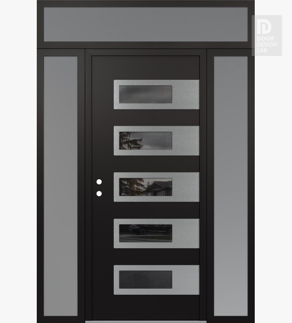 Modern Steel Front Door Diamond D3 68" x 96" black/black mirrored Glass Panel stainless steel RHI with 2 Sidelites and Transom frosted Glass