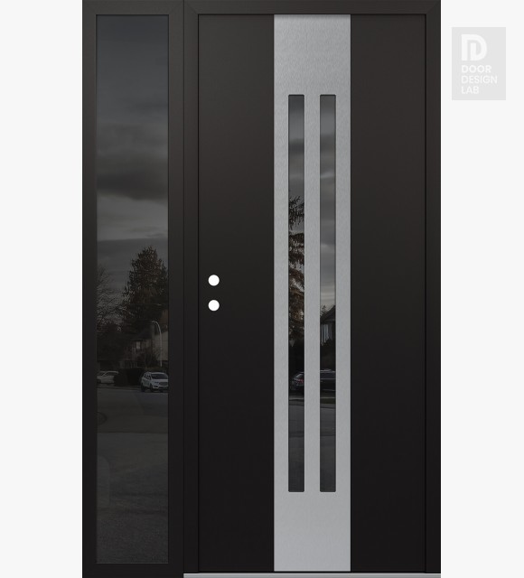 Modern Steel Front Door DIAMOND A8 50" X 80" BLACK/BLACK MIRRORED GLASS PANEL STAINLESS STEEL RHI WITH SIDELITE MIRRORED GLASS