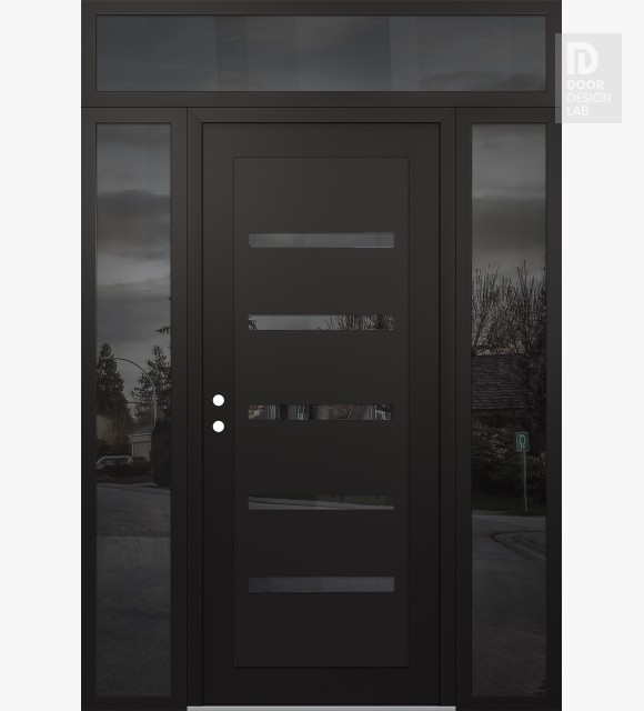 Modern Steel Front Door Diamond C7 60" x 96" black/black mirrored Glass Panel black RHI with 2 Sidelites and Transom mirrored Glass