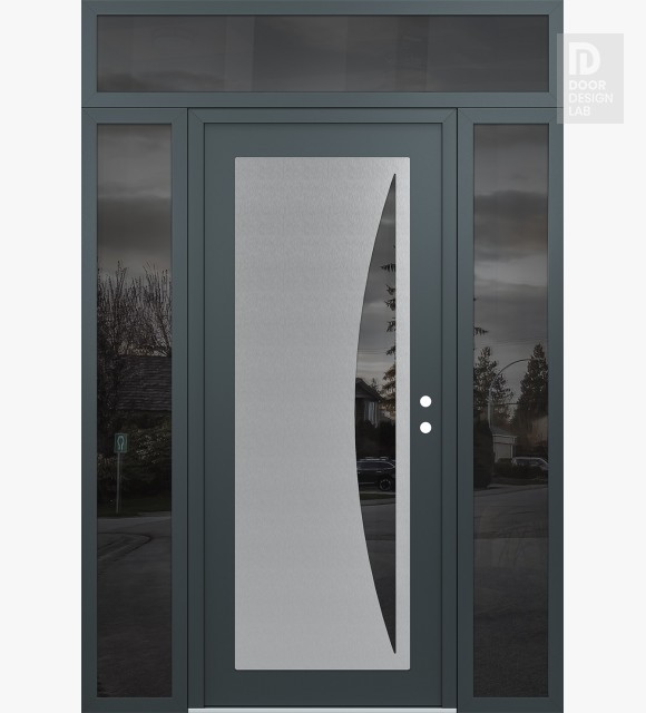 Modern Steel Front Door Diamond C13 64" x 96" anthracite/anthracite mirrored Glass Panel stainless steel LHI with 2 Sidelites and Transom mirrored Glass