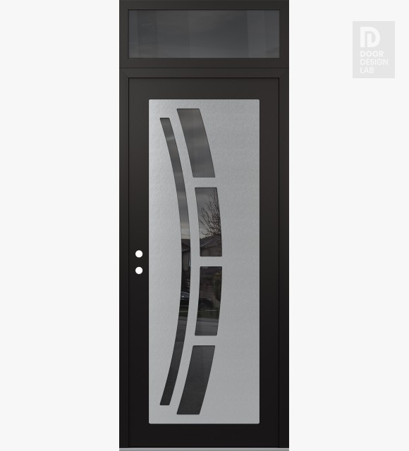 Modern Steel Front Door Diamond C12 36" x 96" black/black mirrored Glass Panel stainless steel RHI with Transom mirrored Glass
