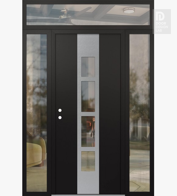 Modern Steel Front Door DIAMOND A10 60" X 96" BLACK/BLACK CLEAR GLASS PANEL STAINLESS STEEL RHI WITH 2 SIDELITES AND TRANSOM CLEAR GLASS