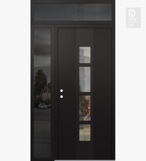 Modern Steel Front Door DIAMOND A10 48" X 96" BLACK/BLACK CLEAR GLASS PANEL BLACK RHI WITH SIDELITE AND TRANSOM MIRRORED GLASS