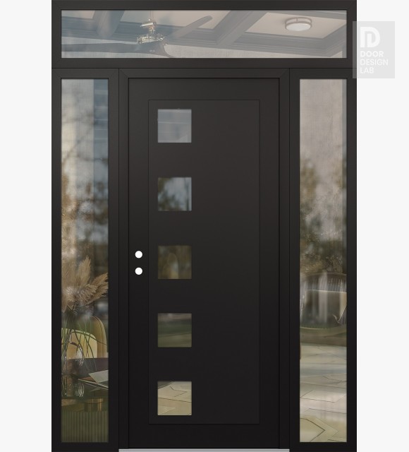 Modern Steel Front Door Diamond C5 60" x 96" black/black clear Glass Panel black RHI with 2 Sidelites and Transom clear Glass