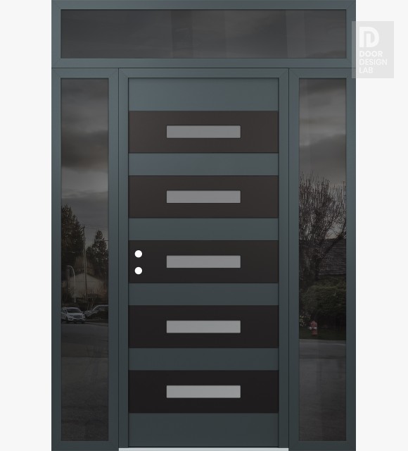 Modern Steel Front Door Diamond D9 60" x 96" anthracite/anthracite frosted Glass Panel black RHI with 2 Sidelites and Transom mirrored Glass