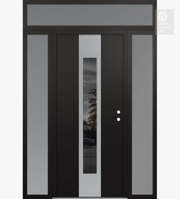 Modern Steel Front Door DIAMOND A1 64" X 96" BLACK/BLACK MIRRORED GLASS PANEL STAINLESS STEEL LHI WITH 2 SIDELITES AND TRANSOM FROSTED GLASS
