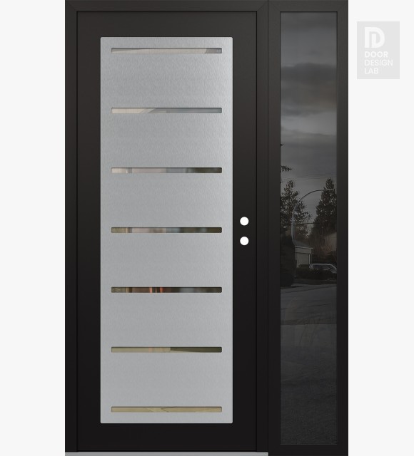 Modern Steel Front Door Diamond C11 50" x 80" black/black clear Glass Panel stainless steel LHI with Sidelite mirrored Glass