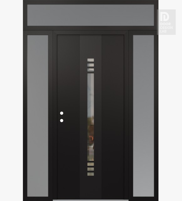 Modern Steel Front Door DIAMOND A5 64" X 96" BLACK/BLACK CLEAR GLASS PANEL BLACK RHI WITH 2 SIDELITES AND TRANSOM FROSTED GLASS