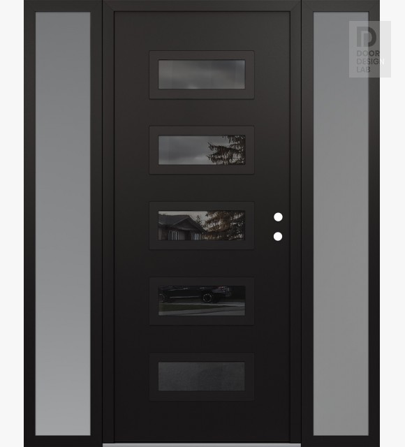 Modern Steel Front Door Diamond D1 68" x 80" black/black mirrored Glass Panel black LHI with 2 Sidelites frosted Glass