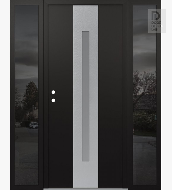 Modern Steel Front Door DIAMOND A2 68" X 80" BLACK/WHITE FROSTED GLASS PANEL STAINLESS STEEL RHI WITH 2 SIDELITES MIRRORED GLASS