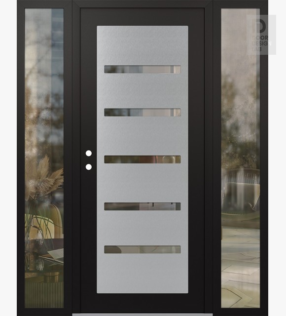 Modern Steel Front Door Diamond C7 64" x 80" black/black clear Glass Panel stainless steel RHI with 2 Sidelites clear Glass