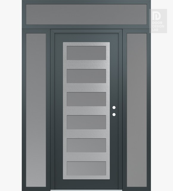 Modern Steel Front Door Diamond C9 68" x 96" anthracite/anthracite frosted Glass Panel stainless steel LHI with 2 Sidelites and Transom frosted Glass