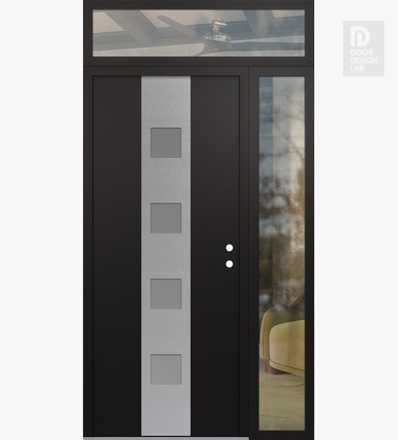 Modern Steel Front Door DIAMOND A12 52" X 96" BLACK/WHITE FROSTED GLASS PANEL STAINLESS STEEL LHI WITH SIDELITE AND TRANSOM CLEAR GLASS