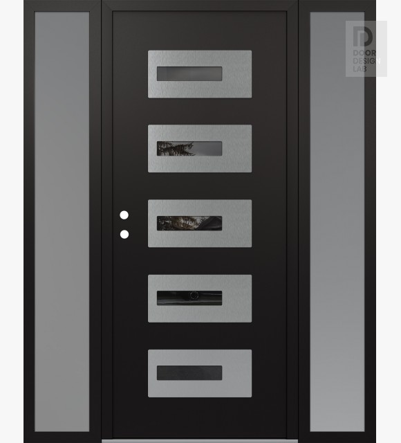 Modern Steel Front Door Diamond D6 64" x 80" black/black mirrored Glass Panel stainless steel RHI with 2 Sidelites frosted Glass